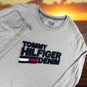 Tommy Hilfiger Shirt Men 2XL Denim Gray Long Sleeve Logo Carpet Rug Stitch‎